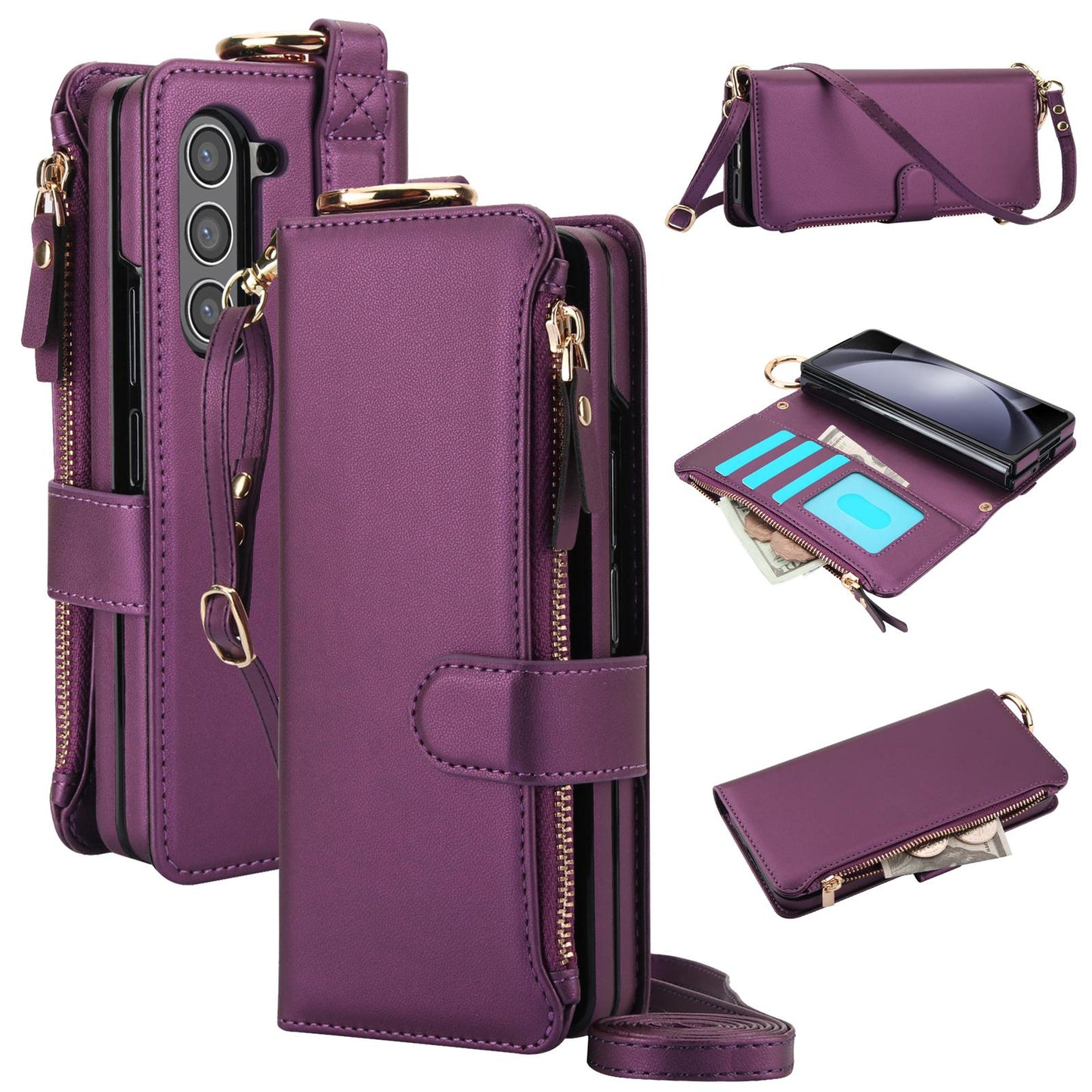 Crossbody Cards Solt Zipper Wallet Leather Case For Samsung Galaxy Z Fold 5 4 3 6 5G Wristband Ring Holder Kickstand Cash Pocket
