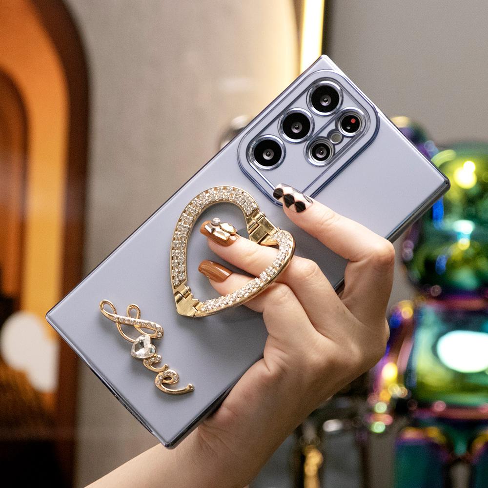 Luxury Rhinestone Love Heart Holder Plating Phone Case For Samsung S25 S24 S23 S22 S21 A16 A15 A25 A35 A55