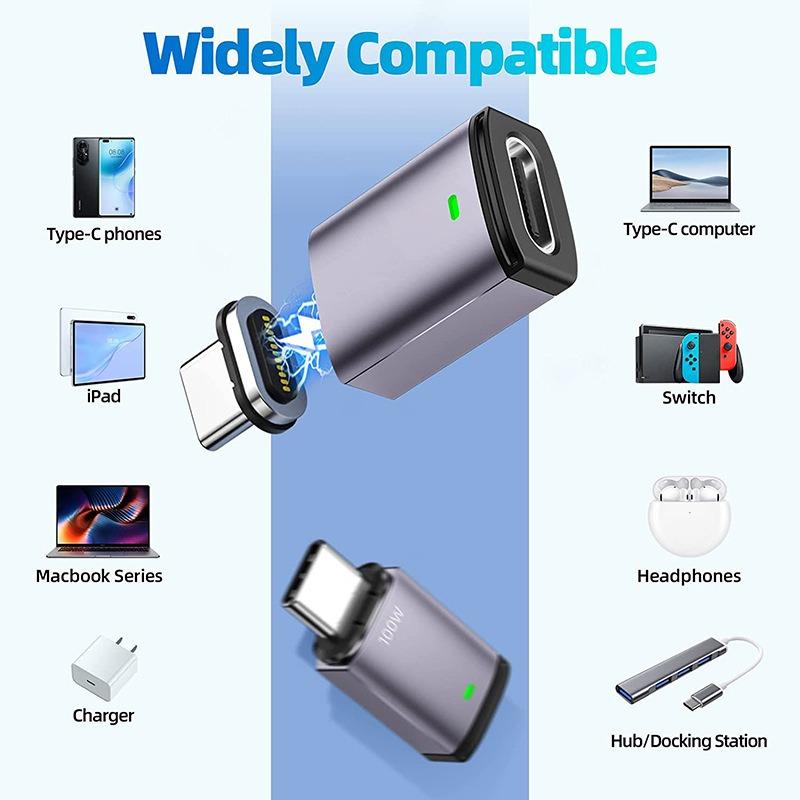 USB C Magnetic Adapter Right Angle, Magnetic USB C Adapter 100W Fast Charging 11Pins 480Mbps Data Transmission Compatible with MacBook Pro/Air For iPhone 16 15 For Samsung S25 S24 S23
