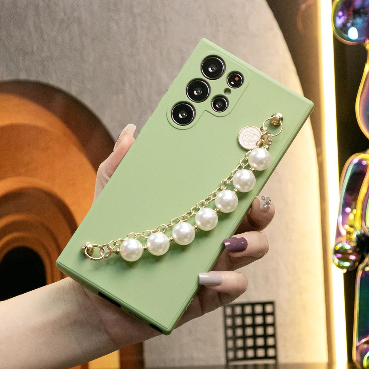 Silicone Matte Phone Case With Pearl Double Chain For Samsung S24 S23 S22 S21 Ultra Plus S24Plus S24Ultra Camera Protect Soft Cover S23 FE
