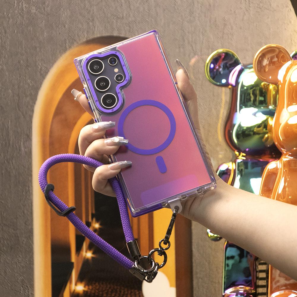 Laser Gradient Chameleon Strong Magnetic Case With Multifunctional Wristband For Samsung S25Ultra S24 S23 S22 S21FE A06 A15 A16 A25 A35 A36 A53 A54 A55 Metal Frame Acrylic Shockproof Cover