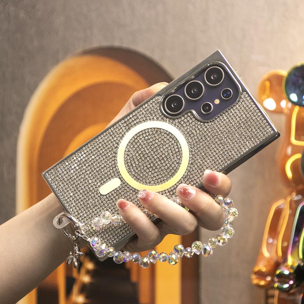 Colorful Glitter Rhinestone Diamonds Strong Magnetic Wireless Charging Phone Case with Diamond Wristband For Samsung S25Ultra S25 S24 S23 Shockproof Protection Soft Bumper Cover