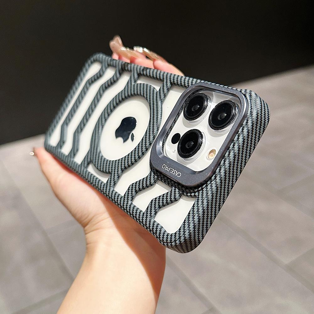 For iPhone 16ProMax 16 15 14 13 12 Plus Pro Max Phone Case with Metal Camera Kickstand, Hollow Out Carbon Fiber Matte Cooling Magnetic PC Frameless Ultra Slim, Protection Soft Cover