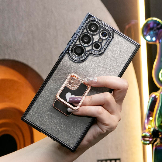 For Samsung S24 S23 S22 Plus Ultra Case, Clear Rhinestone Mini Phone Ring Holder Gradient, Glitter Luxury Elegant Plating Case Camera Protection Shockproof Soft Cover