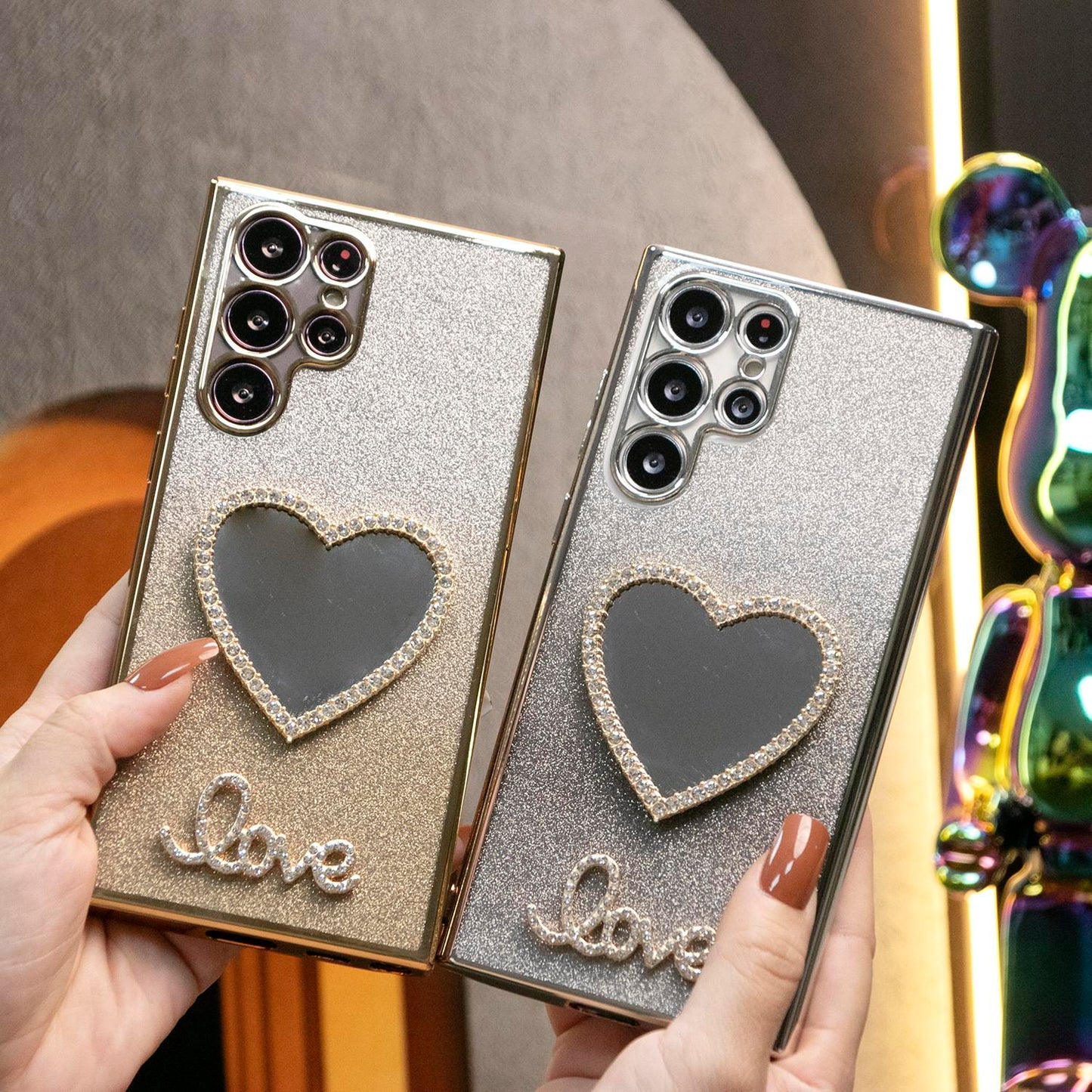 Luxury Diamond Love Heart Mirror Glitter Clear Gradient TPU Plating Shockproof Soft Phone Case For Samsung S24Ultra S24FE S24 S23 S22 S21 FE Plus Ultra