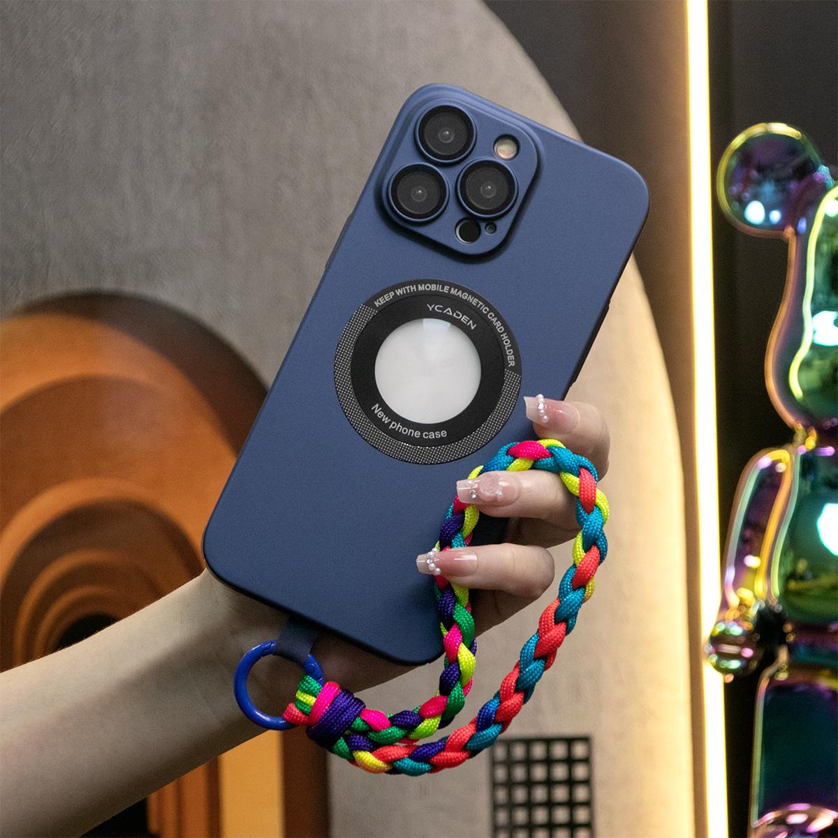 Magnetic Wireless Charging Camera Film Protector Logo Hole PC Hard PC Cover Phone Case With Woven Wristband for iPhone 15 14 13 12 Pro Max