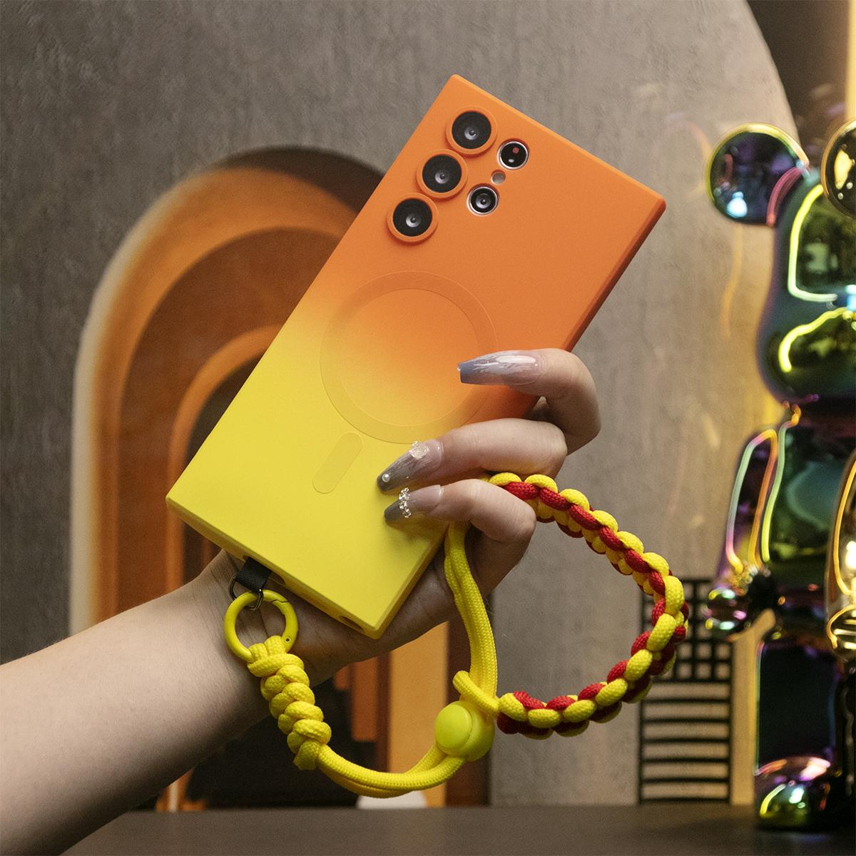 Gradient Color Magnetic Wireless Charge Matte Case With Adjustable Woven Strap For iPhone 16 15 14 13 12 11 Wireless Charging Soft Bumper Cover