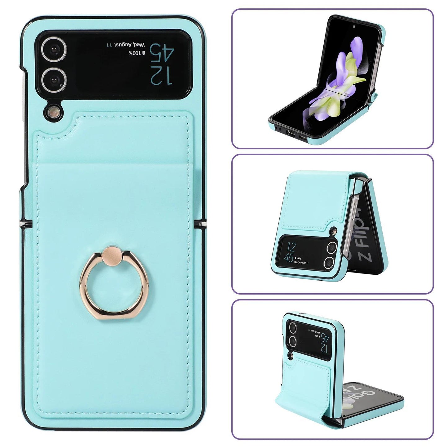 Luxury for Galaxy Z Flip3 4 5 6 Phone Case with Ring Holder Leather Kicstand Stockproof Protective Lightweihgt Thin Cover