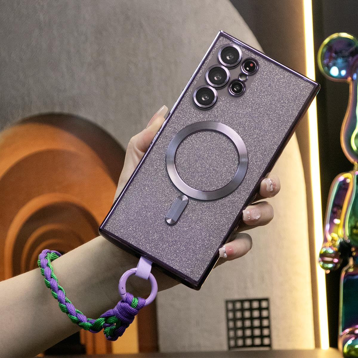 Luxury Glitter Magnetic Wireless Charge Transparent Soft Phone Case With Woven Wristband For Samsung S24 S23 S22 S21 Note20 Plus FE Ultra  With HD Camera Protection Slim Thin Cover Non-Yellowing