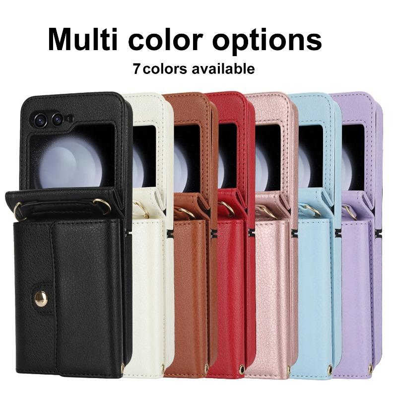 Crossbody Wrist Strap Leather with Card Holder Phone Case for Samsung Galaxy Z Flip 6 5 4 3 Flip6 Flip5 Flip4 Flip3 Wallet Cover