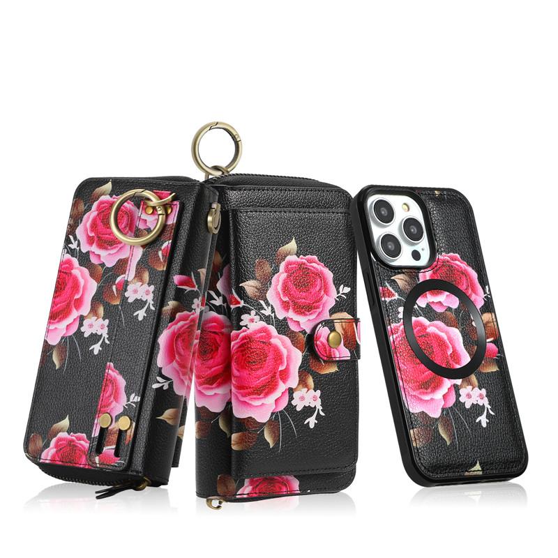 Flower Phone Case For iPhone 16 15 14 Plus 13 12 Pro MAX Multifunction Zipper Leather Magnetic Wallet Split Cover