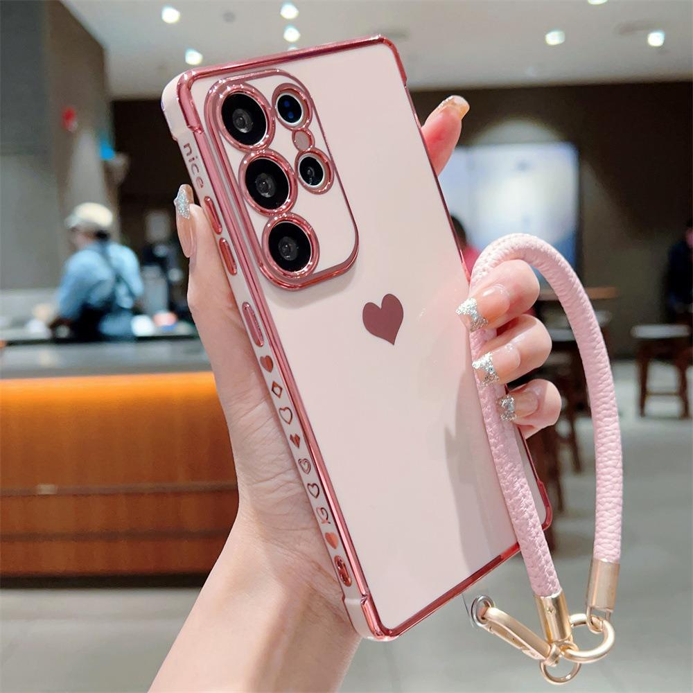 Plating Love Heart TPU Phone Case with Leather Wristband For Samsung S25Ultra S24 S23 S22 S21 Shockproof Soft Full Cover