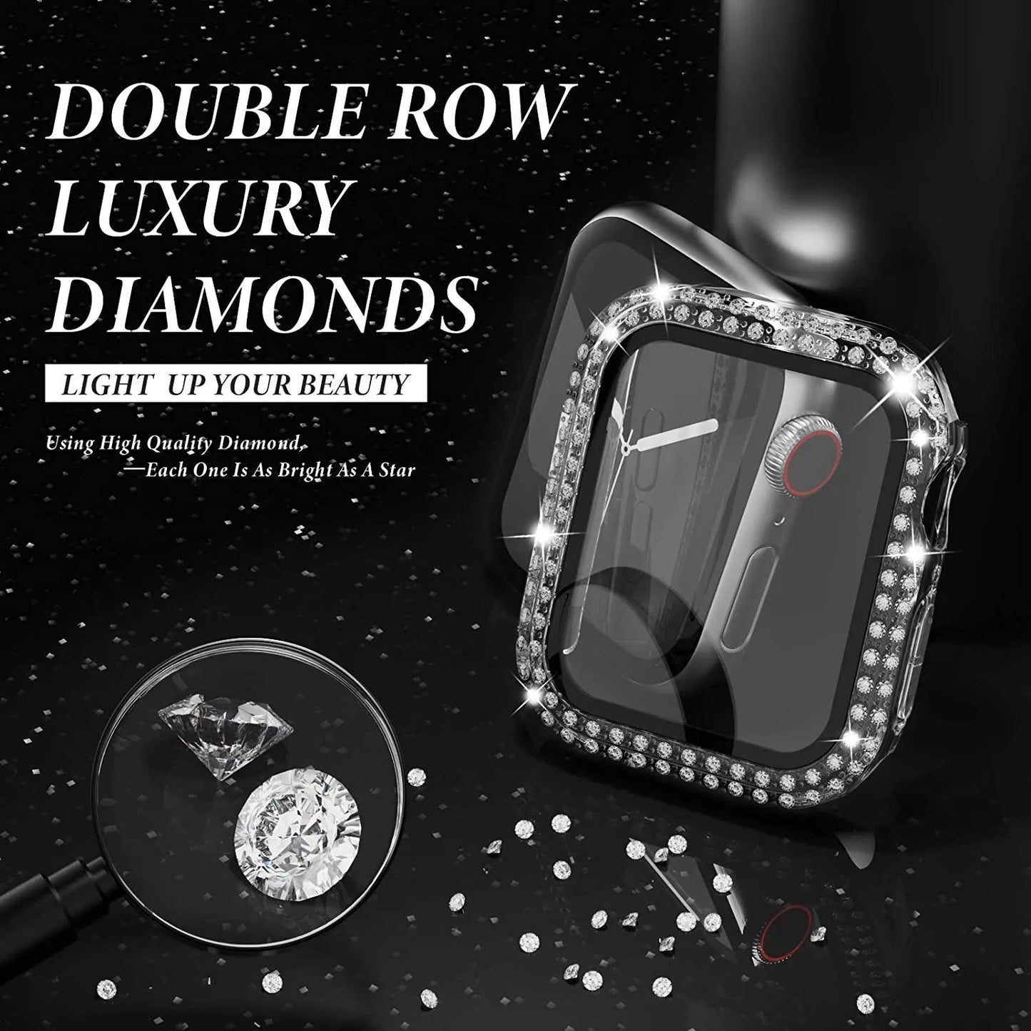 Coque en verre + diamant pour boîtier de montre Apple 40 mm 44 mm 41 mm 45 mm 38 mm 42 mm Bling Bumper Protector iWatch série 9 3 5 6 7 8 se