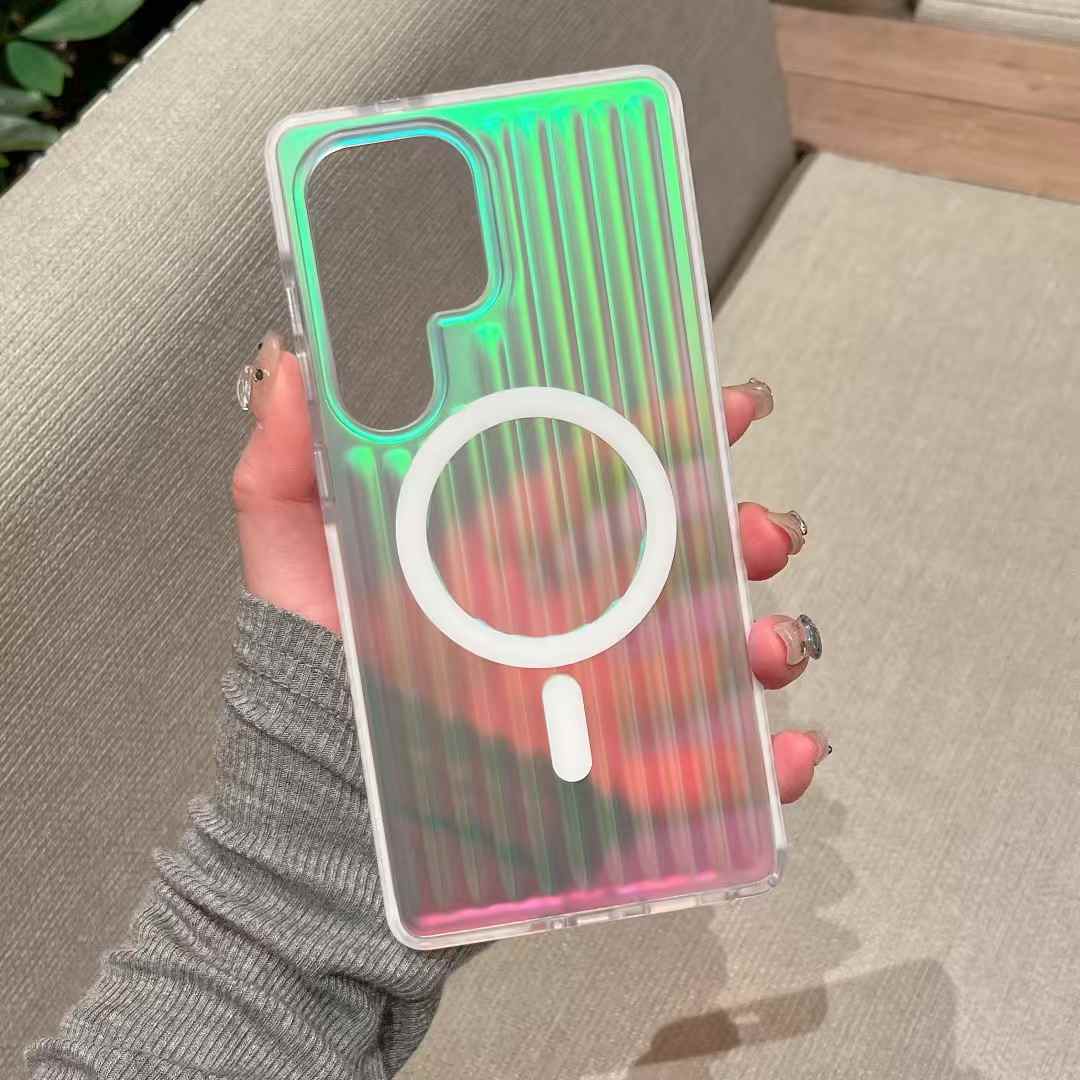 Transparent Gradient Corrugated Grille Suitcase Strong Magnetic Hard Polycarbonate Shockproof Phone Case with Bumper Strip for Samsung S25Ultra Matte Frozen Fog Full Cover