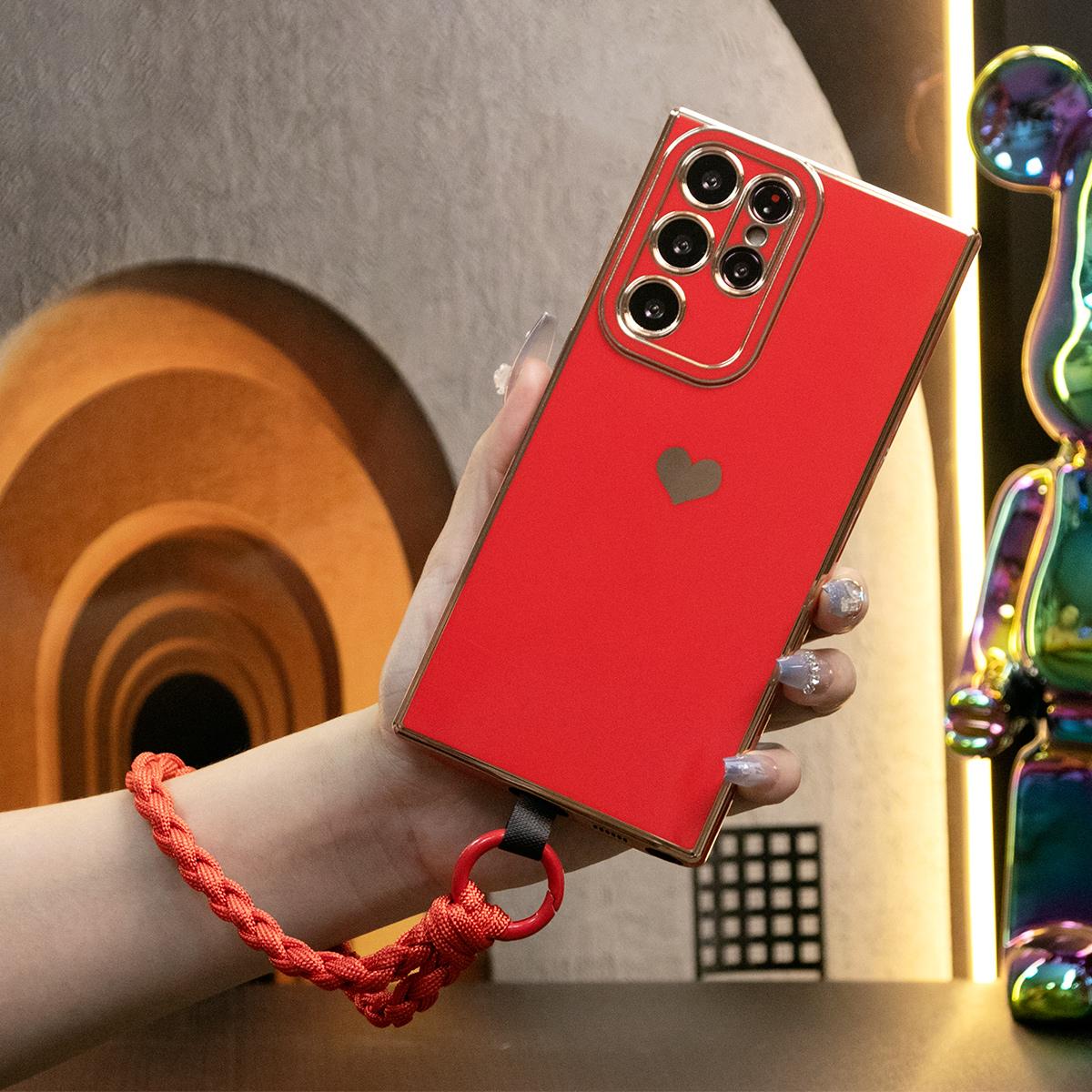 Luxury Love Heart Side Pattern Phone Case With Woven Wristband For Samsung S24 S23 S22 S21 FE Plus Ultra A13 A14 A15 A23 A24 A34 A35 A52