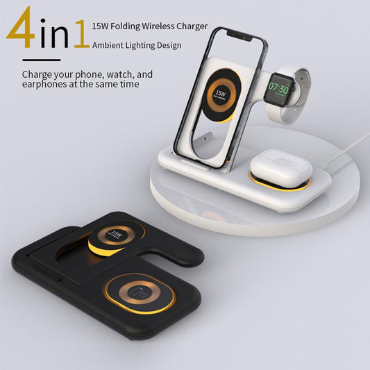 4 in 1 Fast Wireless Charger Stand Station for iPhone 16 15 14 13 iWatch Airpods Magnetic Foldable Charging Dock With LED Night Lamp
