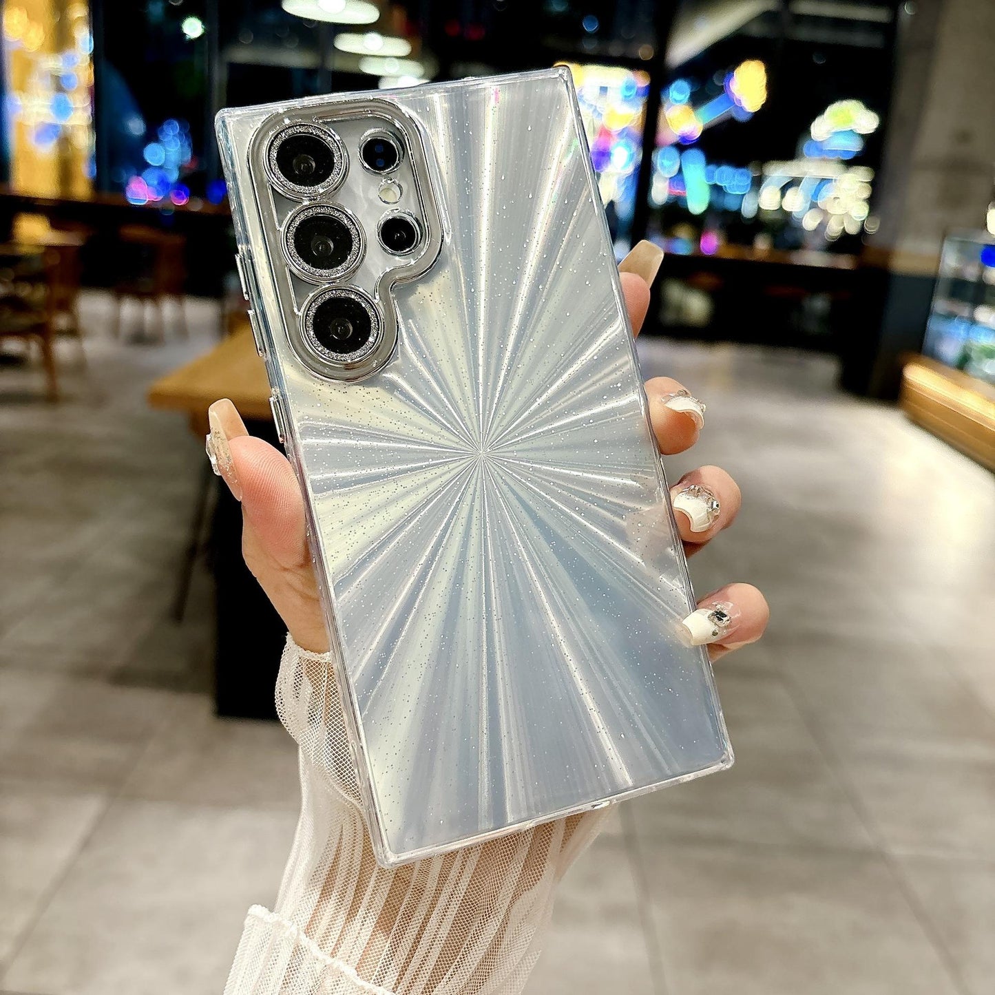 For Samsung S25Ultra S25 S24 S23 S22 Phone Case, Luxury Electroplating Laser Feathers Silk Pattern Acrylic Slim With Glitter Len Protector, Full Camera Protection Non-Yellowing Hard Cover