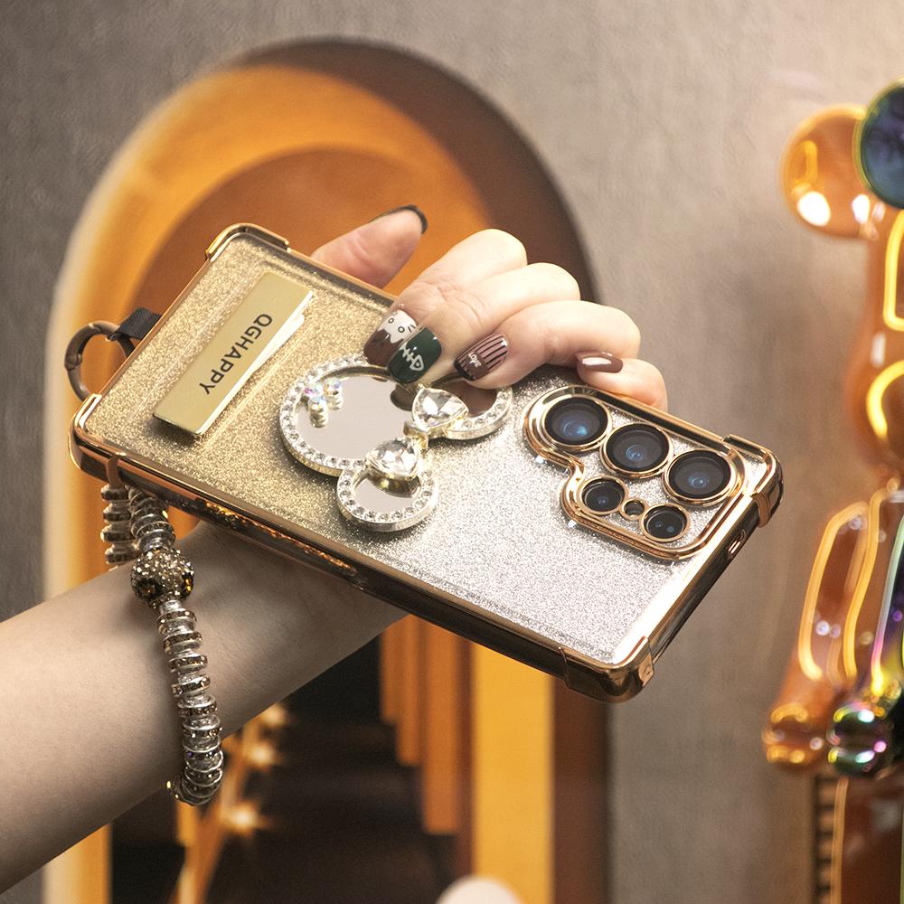 Gradient Plating Four Corners House Head Mirror Thin Kickstand Case with Pearl Diamond Wristband for Samsung S25Ultra S25 S24 S23 S22 S21 Note20 A53 A54 A55 Hard Acrylic Bumper Full Cover