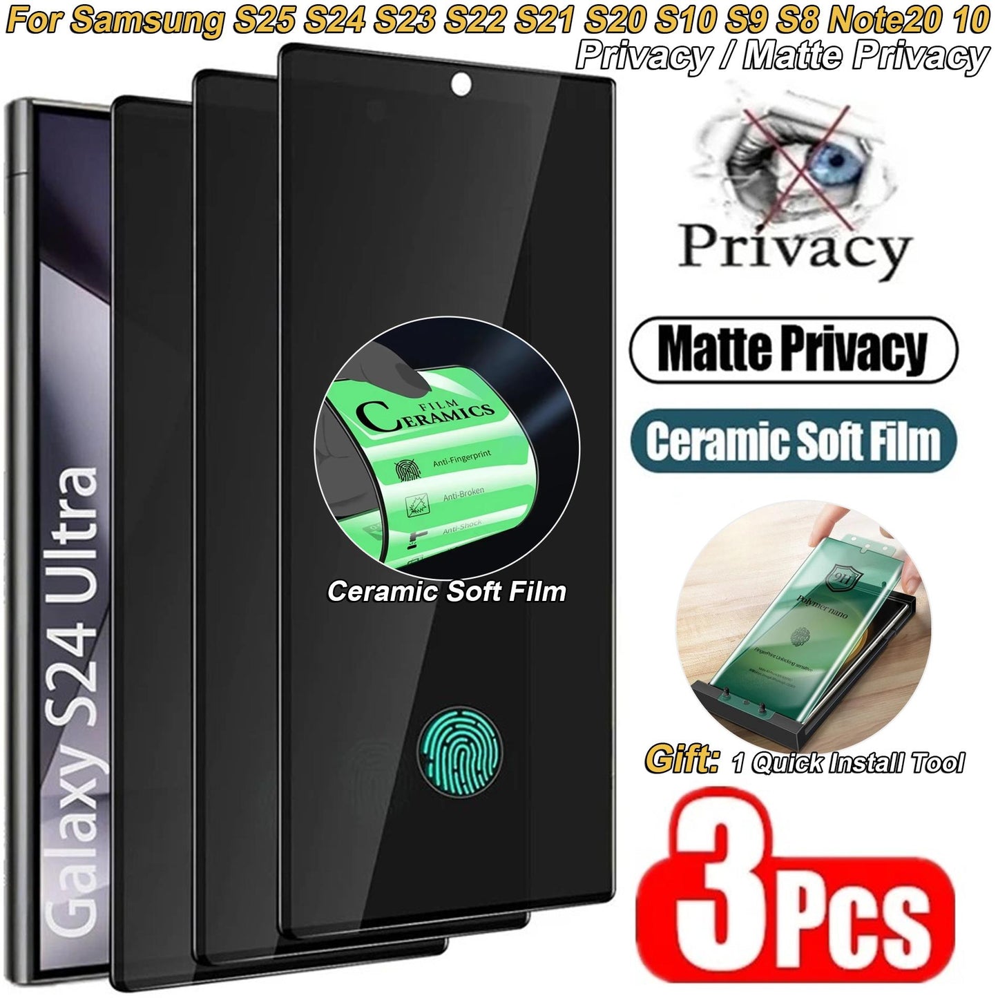 3 Pieces Matte Shock Absorption Ceramic Privacy Screen Protector for Samsung Galaxy S25Ultra S25 S21 S20 S22 S23 S24 Ultra Note 20 10 S8 S9 S10 Plus Anti Spy Film with Install Kit