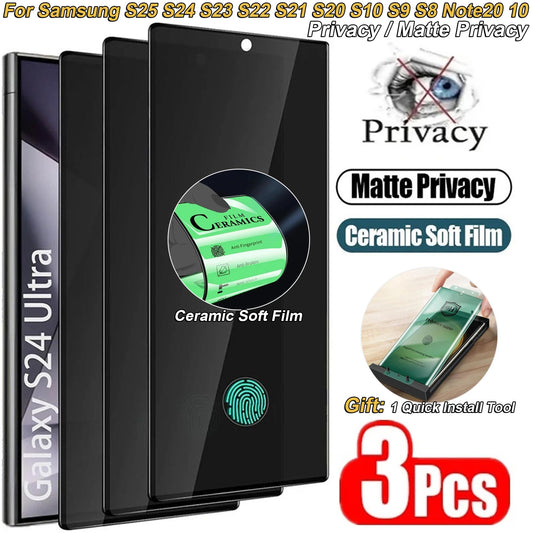 3 Pieces Matte Shock Absorption Ceramic Privacy Screen Protector for Samsung Galaxy S25Ultra S25 S21 S20 S22 S23 S24 Ultra Note 20 10 S8 S9 S10 Plus Anti Spy Film with Install Kit