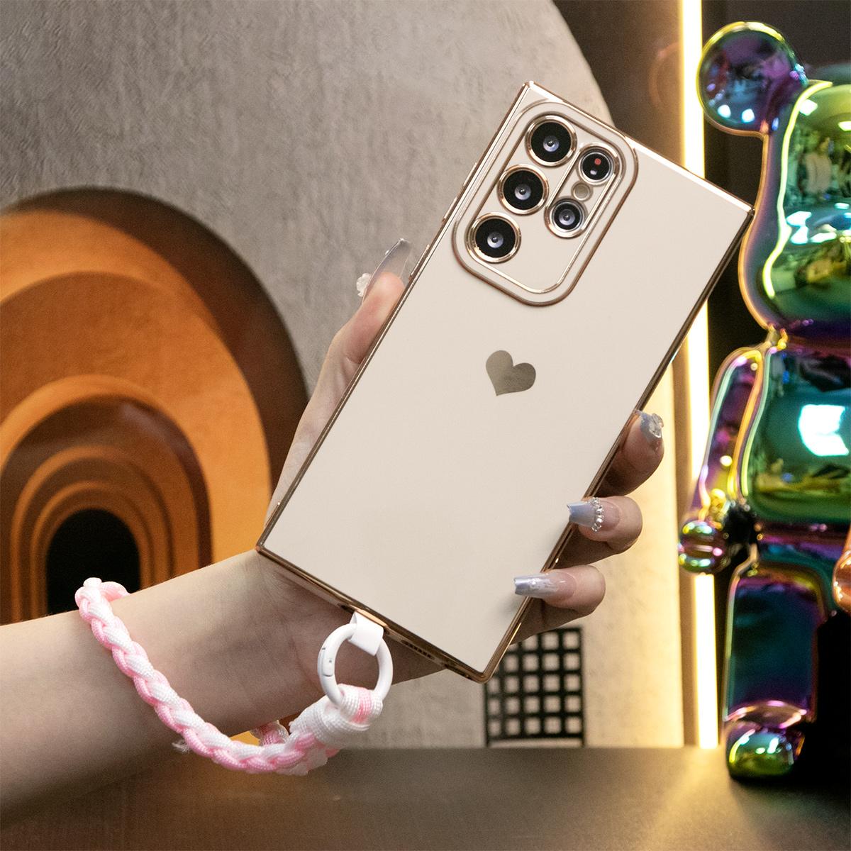 Luxury Love Heart Side Pattern Phone Case With Woven Wristband For Samsung S24 S23 S22 S21 FE Plus Ultra A13 A14 A15 A23 A24 A34 A35 A52