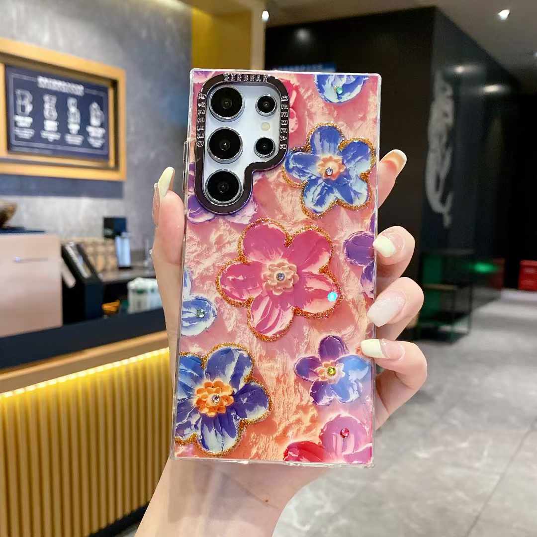 For Samsung S25 S24 S23 S22 A34 A35 A53 A54 A55 Note20Ultra Phone Case, Luxury Elegant Colorful Rainbow Whale Dolphin Flower Oil Painting Metal Camera Frame Anti-drop Hard Shockproof Full Cover