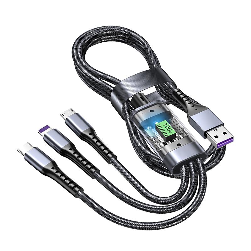 New 3 In 1 100w Transparent Fast Charging Cable Type C Usb Micro For Iphone Samsung Huawei Xiaomi Pilot Lamp Charger Usb C 6A
