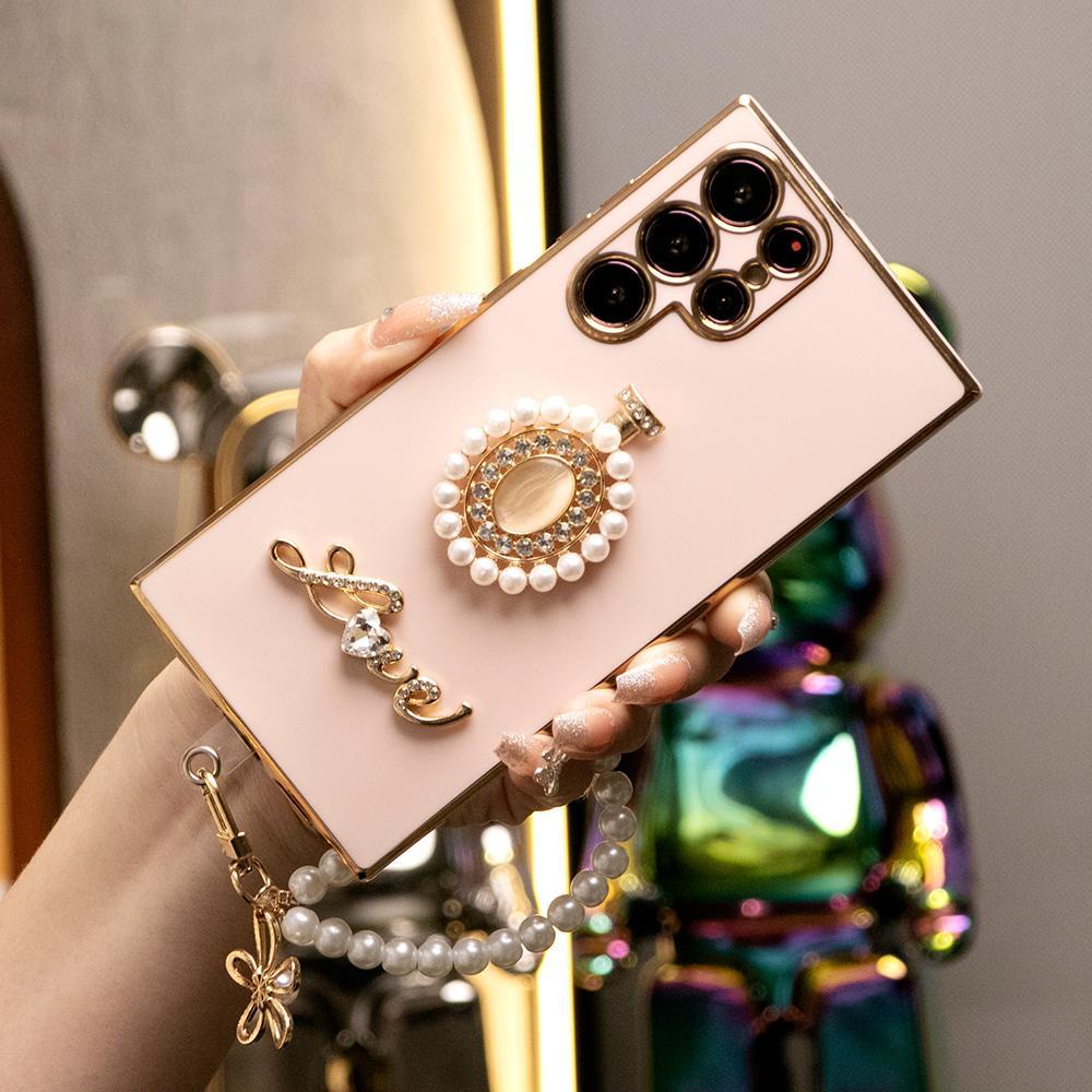 Pearl Perfume Bottle with Chain Plating Soft Phone Case for Samsung A13 A14 A15 A23 A24 A25 A33 A34 A35 A52 A53 A54 A55 A72 A73