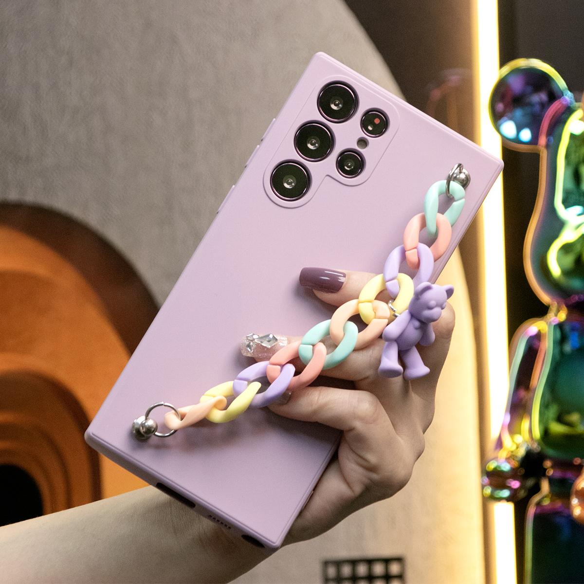 Liquid Silicone Matte Shockproof Phone Case with Bear Colorful Chain For iPhone 16 15 14 13 12 11 XR XSMax X/XS Camera Protect Soft Cover