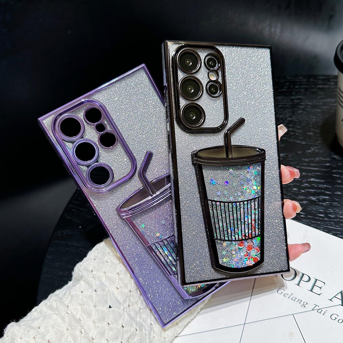 3D Bling Sparkle Plating Juice Bottle Designer Phone Case Compatible With Samsung S22 S23 S24 Ultra, Cute Liquid Floating Gradient Glitter Quicksand Cup Phone Case With Camera Protection Design For Women