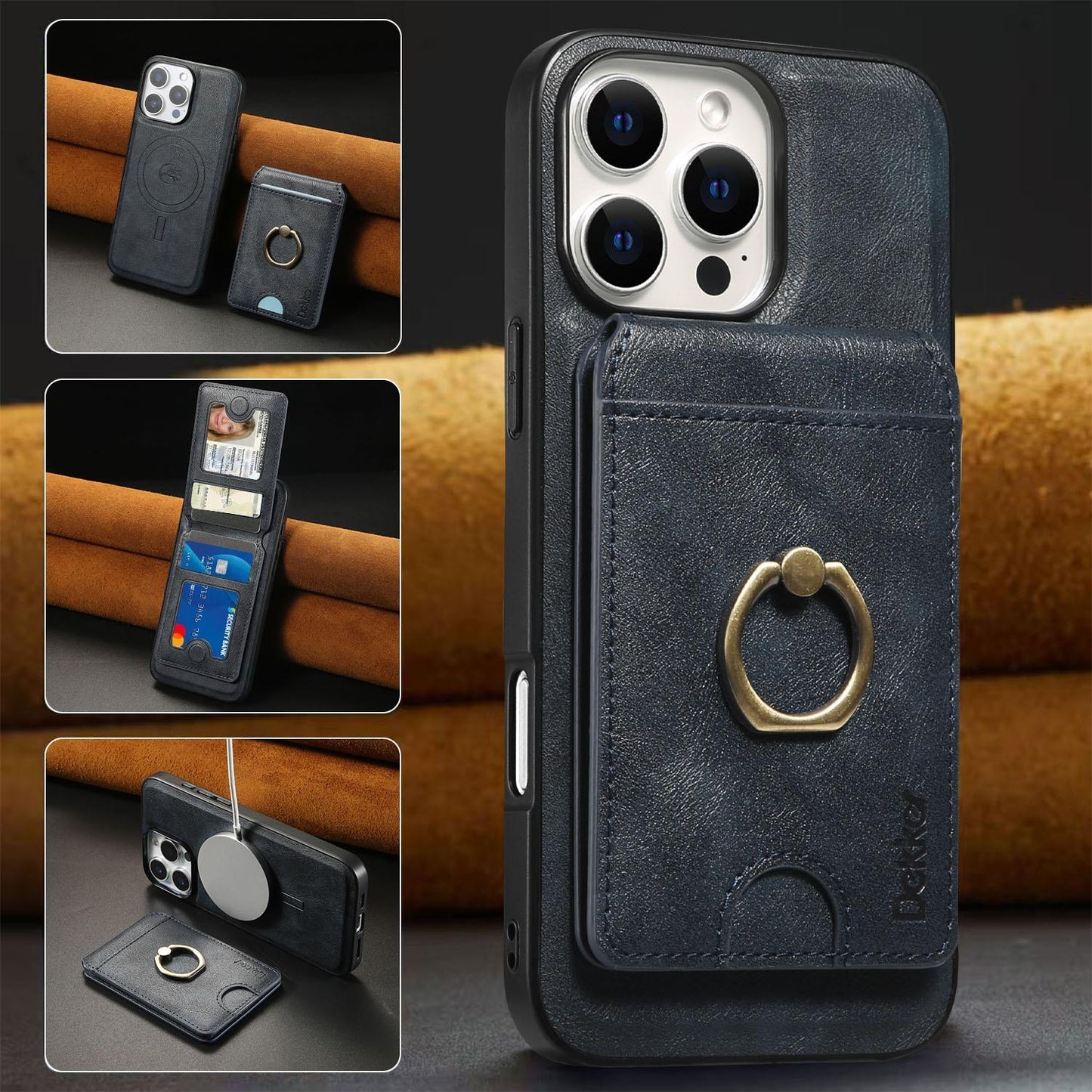 For iPhone 16ProMax 16 15 14 13 12 Leather Phone Case with Strong Magnetic Wallet Ring Stand, Anti-Fall Card Bag Kickstand for Magsafe Shockproof Business Hard Full Cover