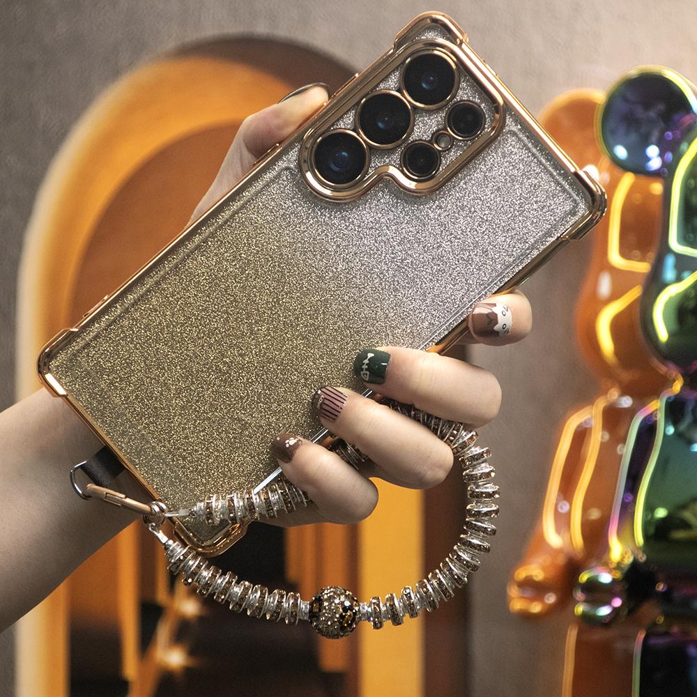 Gradient Plating Four Corners Phone Case with Pearl Diamond Wristband for Samsung S25Ultra S25 S24 S23 S22 S21 Note20 A53 A54 A55 Hard Acrylic Bumper Full Cover