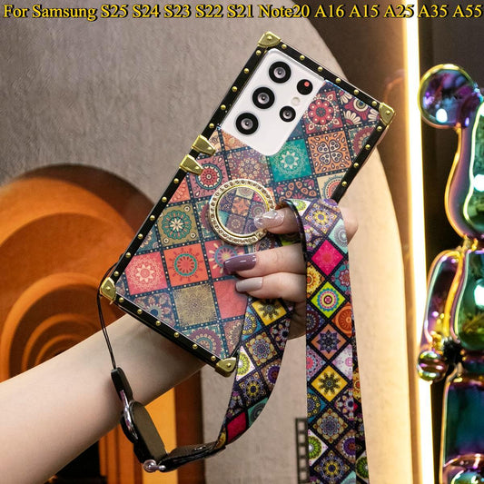 Retro Flower Heavy Duty Protection Lanyard Phone Case For Samsung S25 S24 S23 S22 S21 Note20 Geometric Square For Samsung A55 A54 A53 A35 A34 A24 A25 A14 A15 A16