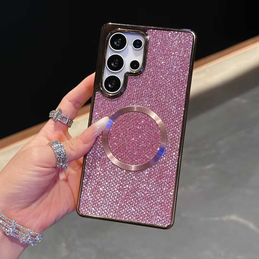 For Samsung S25Ultra S25 S24 S23 S22 Phone Case, Luxury Slim Glitter Magnetic Pattern Plating Matte Leather Len Protection Shockproof Hard Full Cover