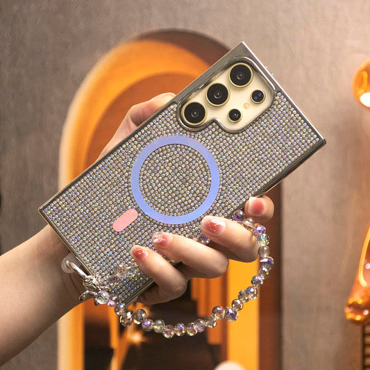 Colorful Glitter Rhinestone Diamonds Strong Magnetic Wireless Charging Phone Case with Diamond Wristband For Samsung S25Ultra S25 S24 S23 Shockproof Protection Soft Bumper Cover