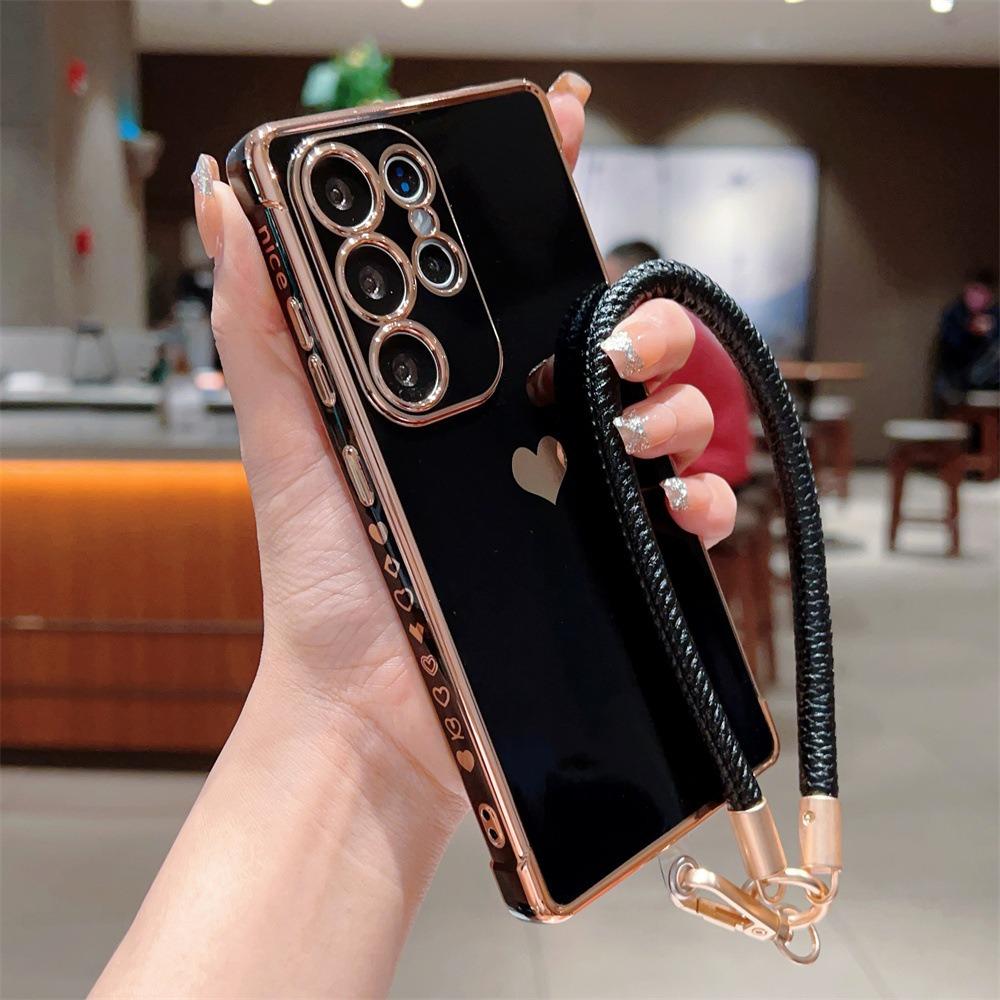 Plating Love Heart TPU Phone Case with Leather Wristband For Samsung S25Ultra S24 S23 S22 S21 Shockproof Soft Full Cover