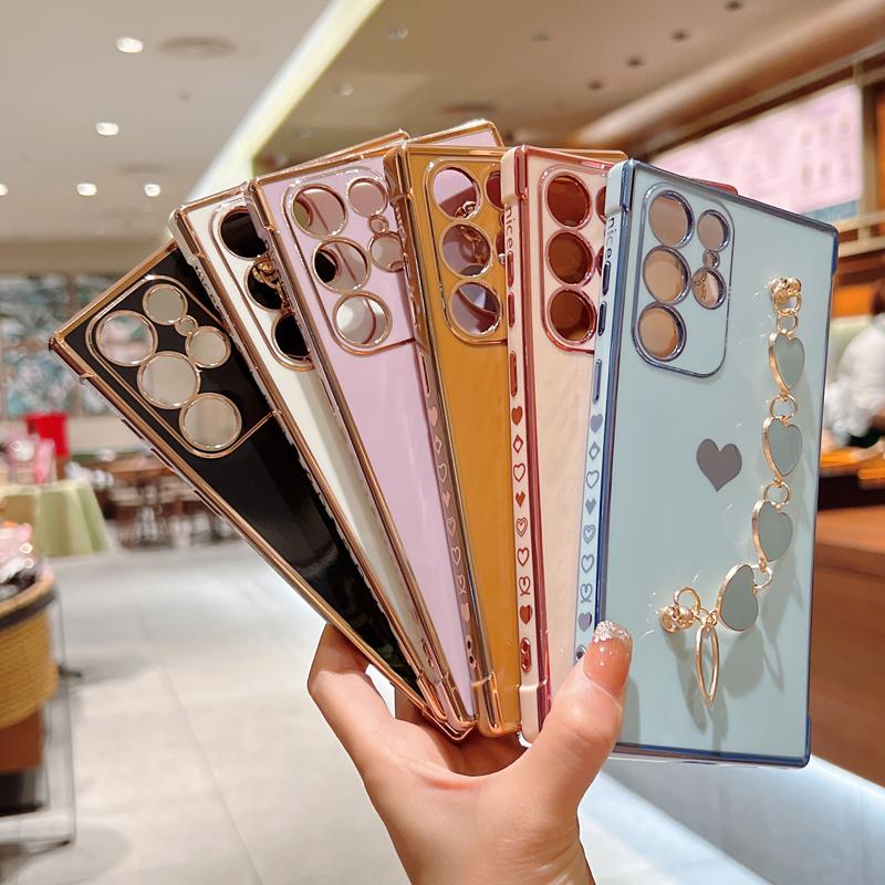 Plating Love Heart Bracelet Case For Samsung S23 S22 S21 Ultra A52 A53 A54 A23 A12 Soft Cover
