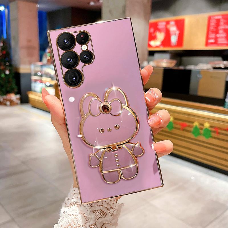 Cute Rabbit Mirror Stand Plating Phone Case for Samsung S24Ultra S24FE S24 S23 S22 S21 S20 FE Plus Ultra Note20