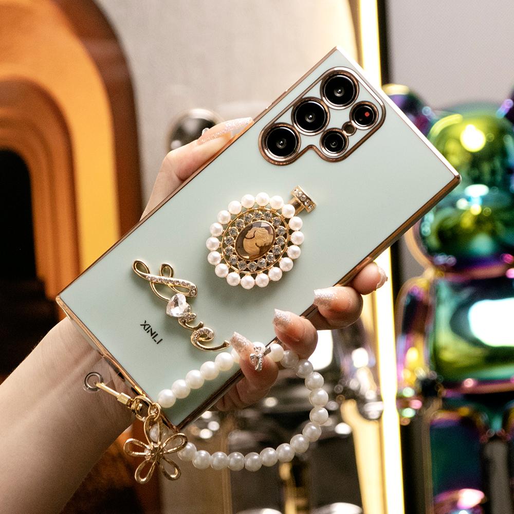 Pearl Perfume Bottle Plus Pearl Chain Plating Phone Case For Samsung S24Ultra S24FE S23 S22 S21 FE Plus Ultra Note 20