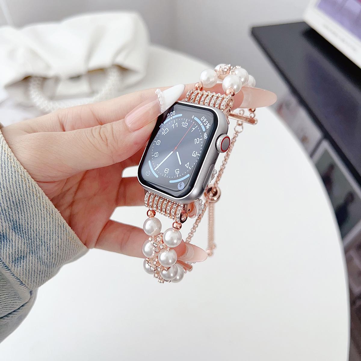 Dual Raw Pearl Chain Strap for Apple Watch 44mm Band 45 42 38 41 Ultra 49mm Link Bracelet for IWatch Series 9 8 7 6 SE 5 4