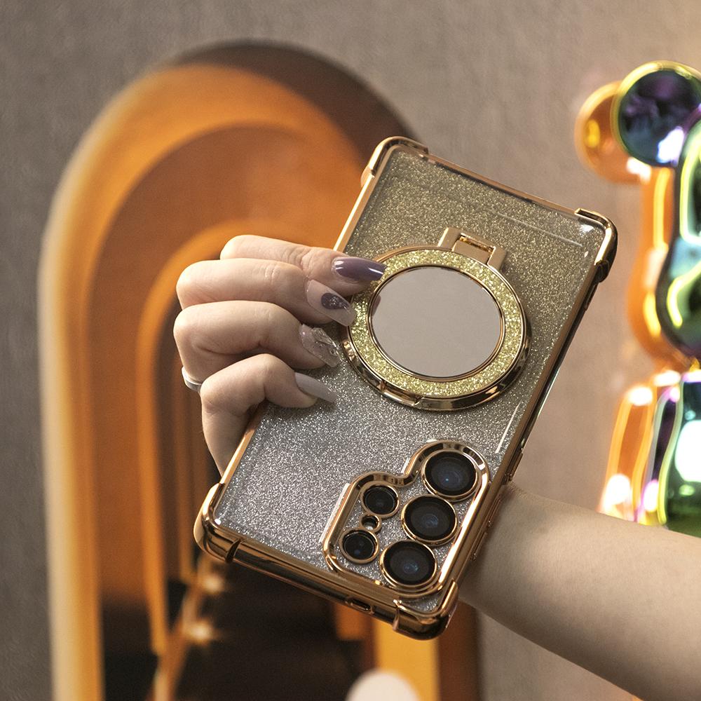 Gradient Plating Four Corners Shockproof Mirror Kickstand Case for Samsung S25Ultra S25+ S25 S24Ultra S24FE S24 S23 FE S22 Plus A53 A54 A55 Transparent Hard Acrylic Hybrid Bumper Armor Cover