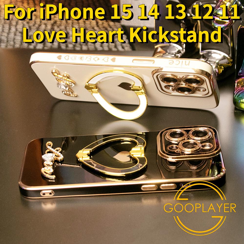 For iPhone 16 15 14 13 12 11 Pro Max, Luxury Love Heart Kickstand Holder Plating Soft Camera Protector Phone Case