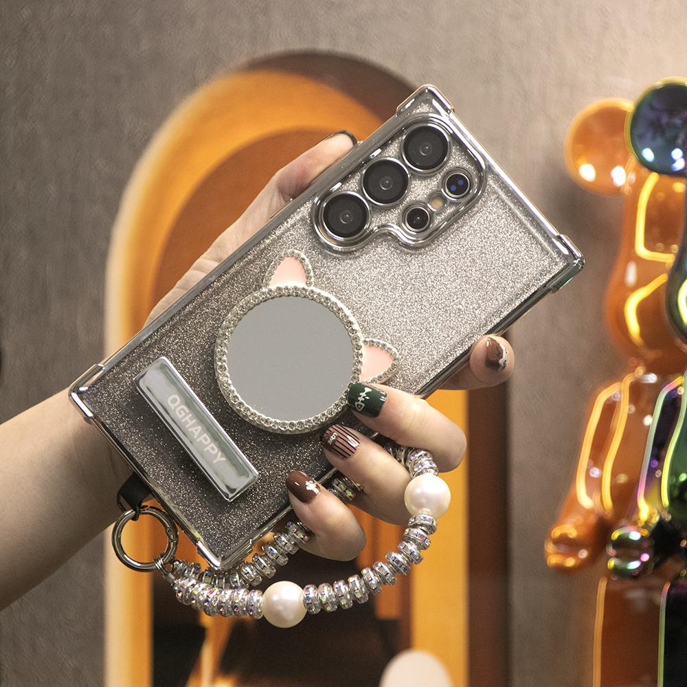 Gradient Plating Four Corners Cat Mirror Thin Kickstand Case with Pearl Diamond Wristband for Samsung S25Ultra S25 S24 S23 S22 S21 Note20 A53 A54 A55 Hard Acrylic Bumper Full Cover