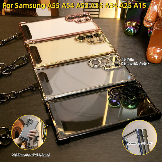 Electroplated Four Corners Anti-fall Transparent Hard PC Phone Case With Multifunctional Climbing Rope For Samsung A55 A54 A53 A35 A34 A25 A15, Full Cover with Camera Protector