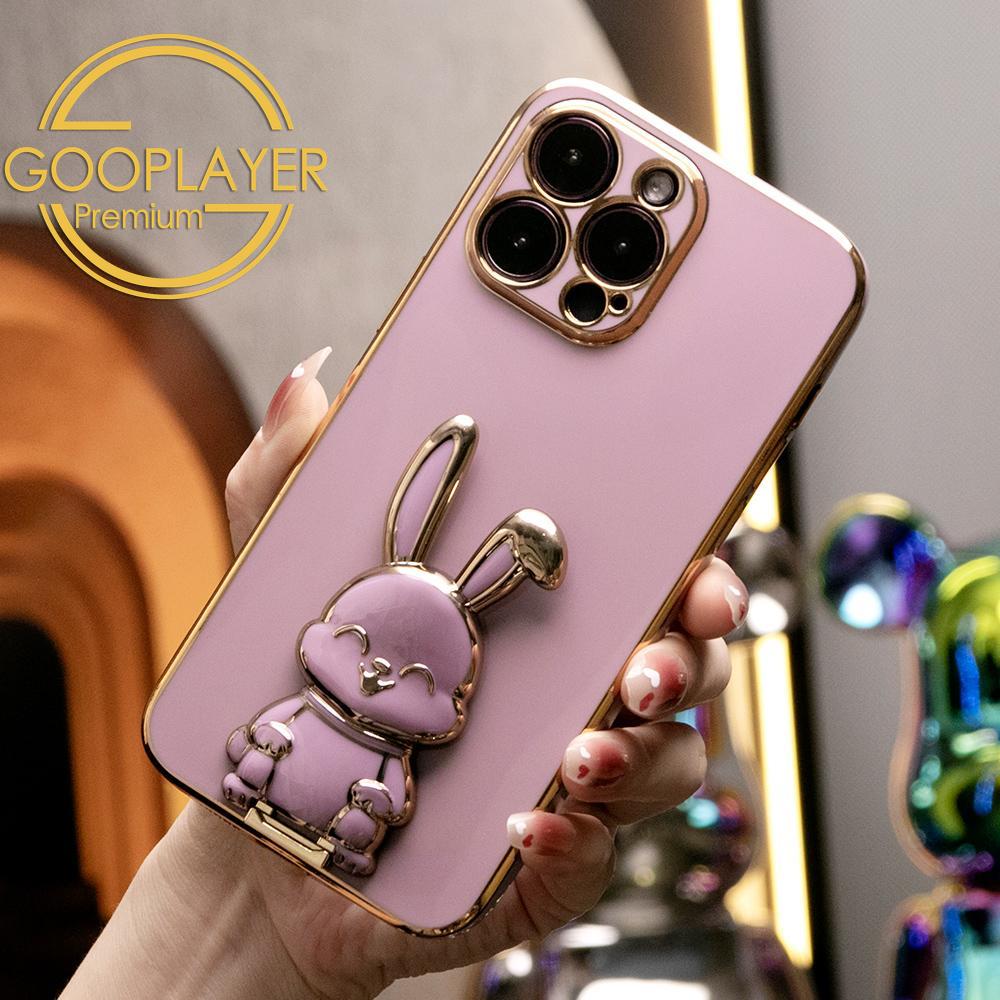 For iPhone 16 15 14 13 Pro Max Phone Case, Rabbit Kickstand TPU Luxury Plating Slim Soft Full Cover