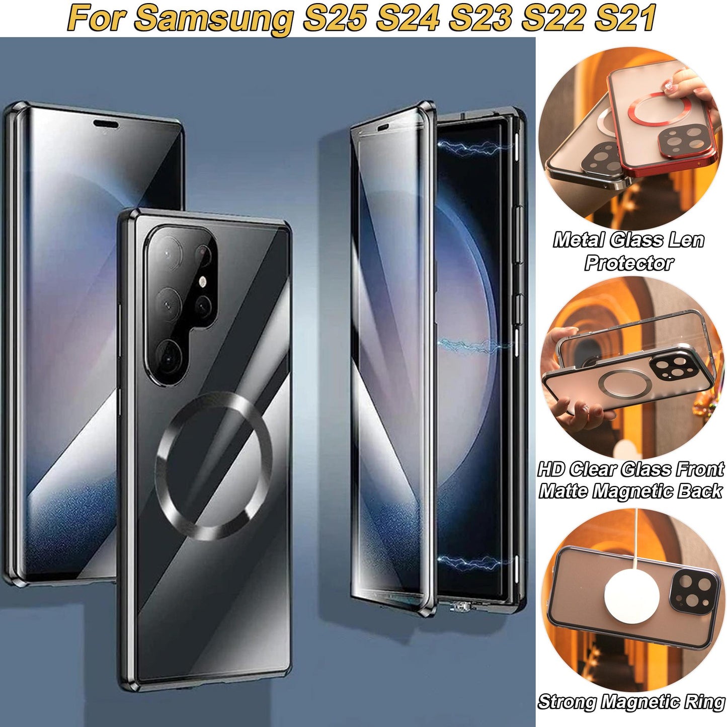 HD Clear Tempered Glass Front Acrylic Magnetic Ring Black Cover Double Sided Magnetic Phone Case for Samsung S25Ultra S25 S24 S23 S22 S21 Metal Frame Shockproof Full Case with Len Protection