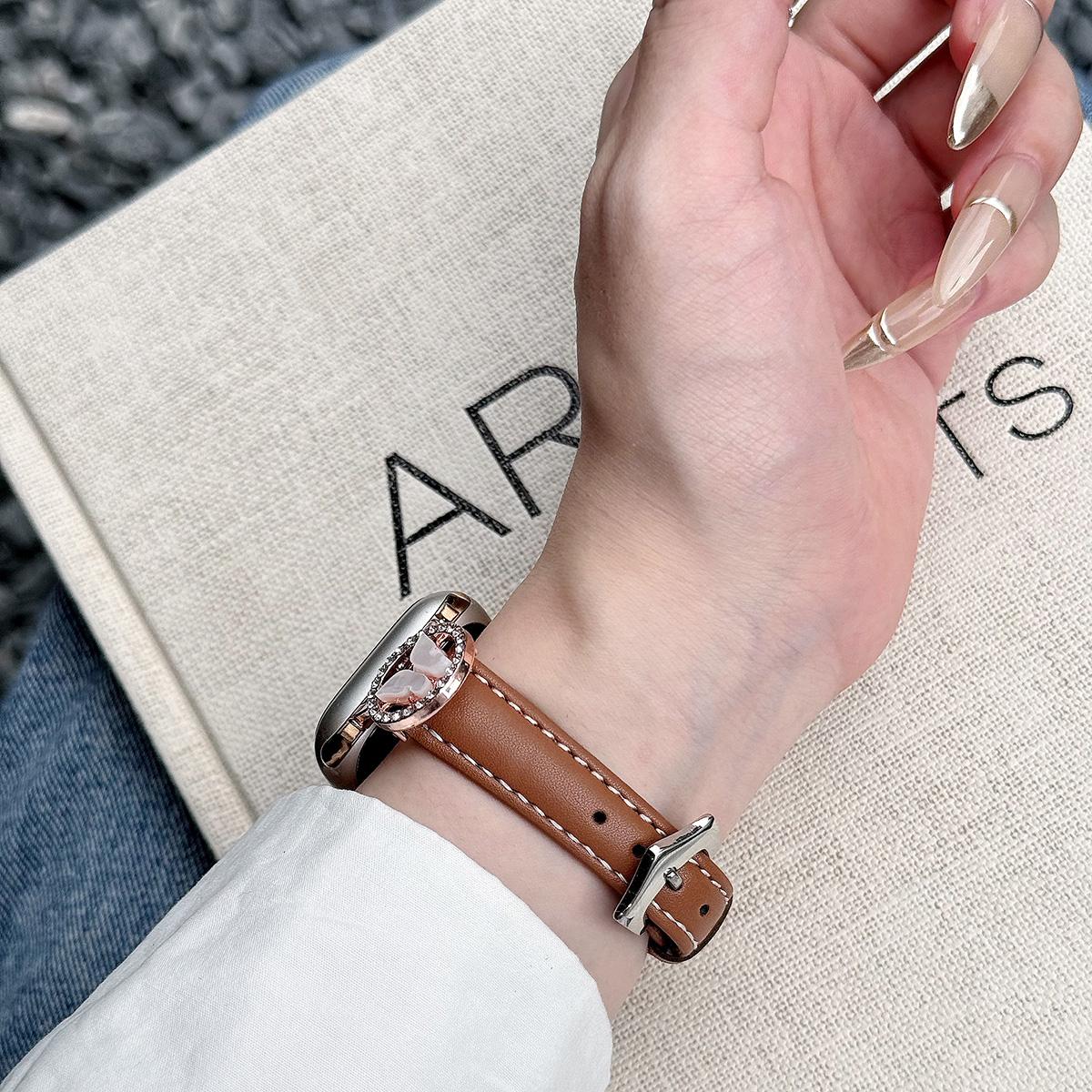 Bling Butterfly Stitching Leather Metal Strap for Apple Watch 44mm Band 45 42 38 41 Ultra 49mm Link Bracelet for IWatch Series 9 8 7 6 SE 5 4