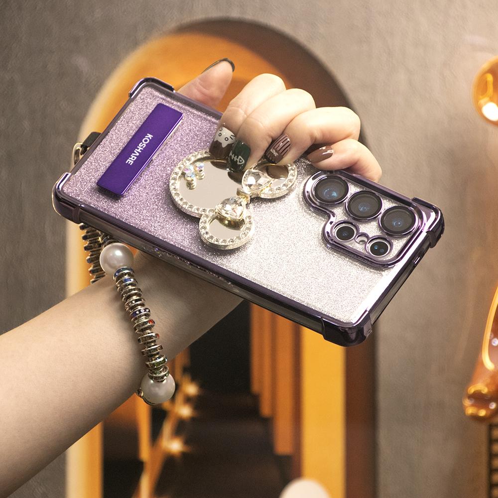 Gradient Plating Four Corners House Head Mirror Thin Kickstand Case with Pearl Diamond Wristband for Samsung S25Ultra S25 S24 S23 S22 S21 Note20 A53 A54 A55 Hard Acrylic Bumper Full Cover