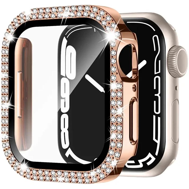 Coque en verre + diamant pour boîtier de montre Apple 40 mm 44 mm 41 mm 45 mm 38 mm 42 mm Bling Bumper Protector iWatch série 9 3 5 6 7 8 se