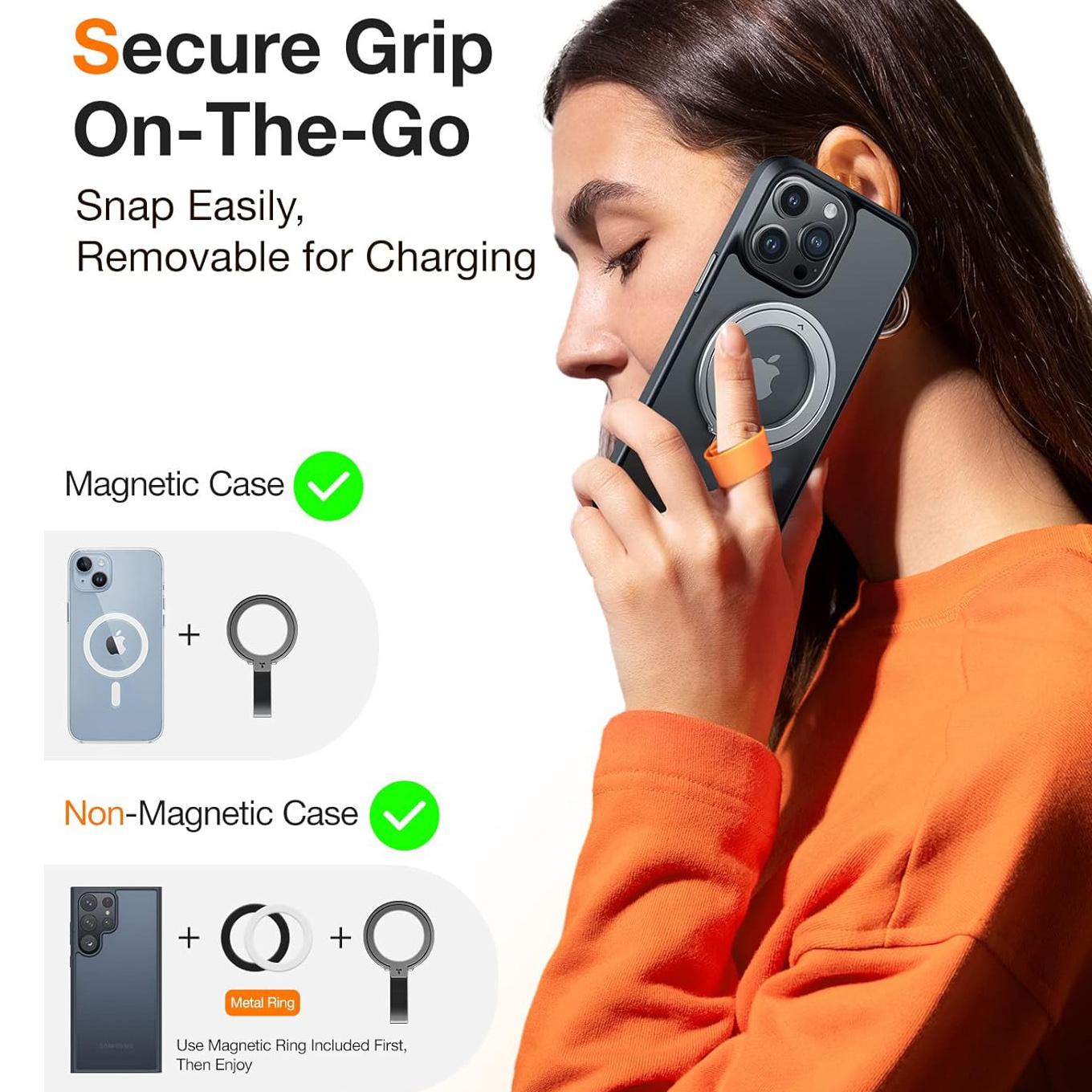 Upgrade Magnetic Phone Grip Holder Kickstand with Silicone Loop, Compatible with PopSockets MagSafe Ring Removable, for iPhone 16 15 14 13 12, for Samsung S22 S23 S24